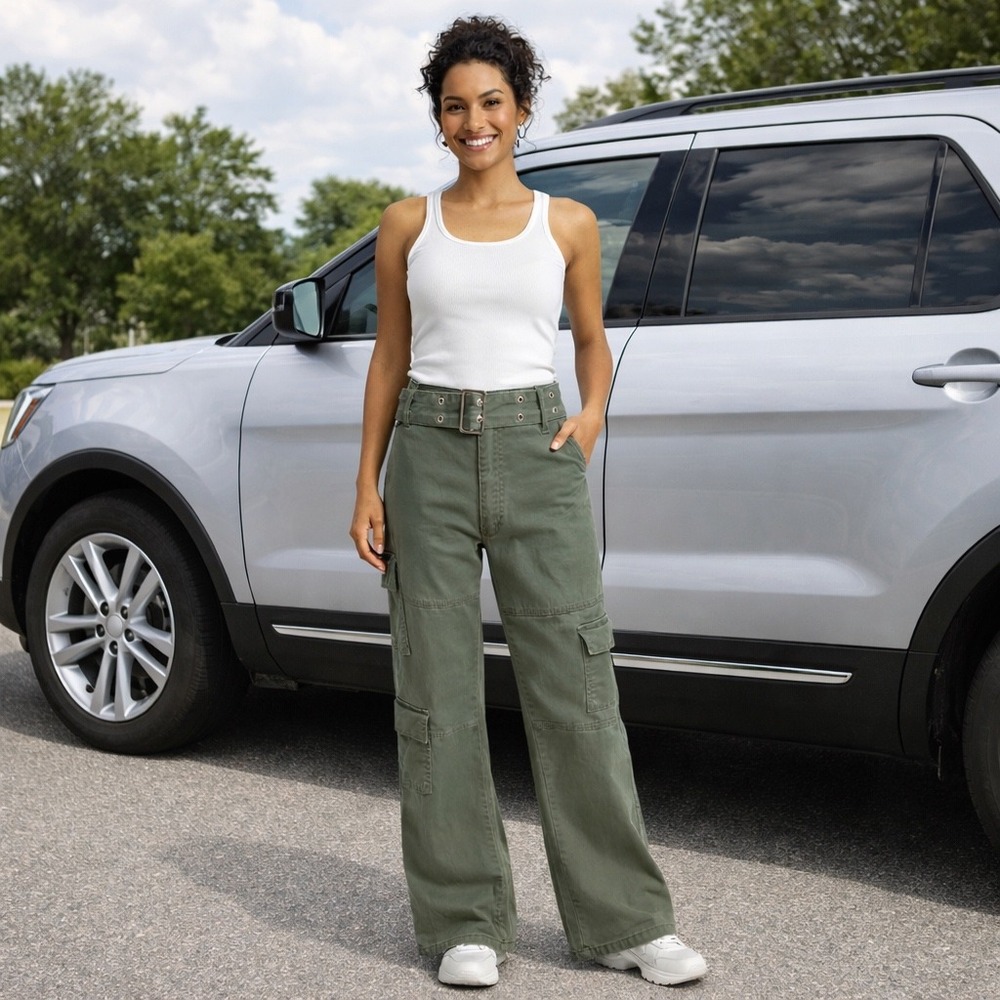 Refuge Green Cargo Pants Wide Leg Flare Y2K Utility Streetwear High Rise Fit M‎
